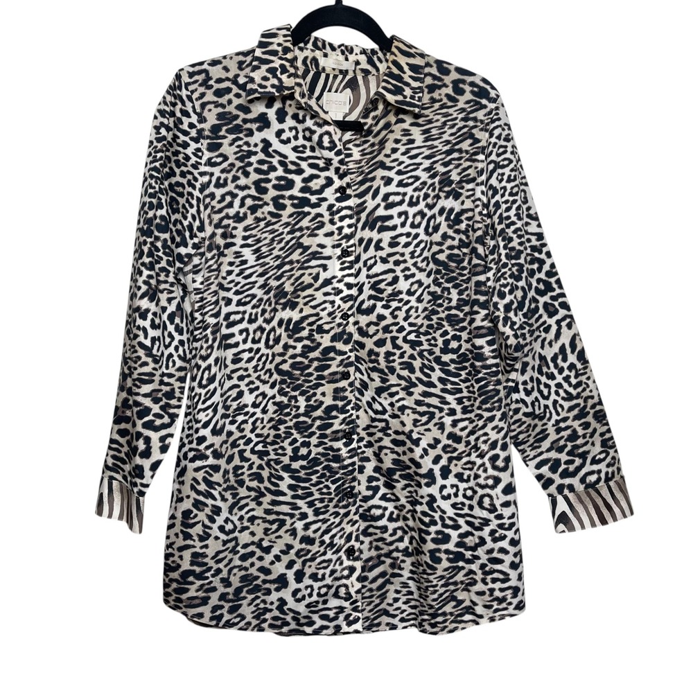 Chico's Women Tan Animal‎ Print Mixed Media Button Down Shirt Size 1 (Medium)
